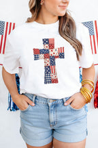 White Faux Patchwork Print Patriotic Cross Tee