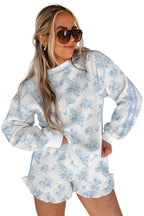 Sky Blue Floral Print Striped Detail Long Sleeve Top Ruffle Hem Shorts 2pcs Set
