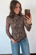 Khaki Leopard High Neck Long Sleeve Western Slim Top