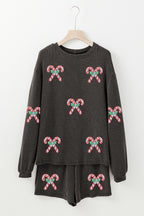 Carbon Grey Twisted Ribbed Sequin Holly Candy Cane Long Sleeve Top and Shorts 2pcs Outfit