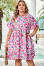 White Plus Size Floral Print Frilled Short Sleeve Flare Dress