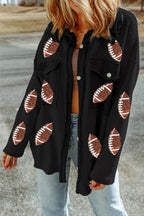 Black Sequined Rugby Flap Pockets Buttoned Shacket