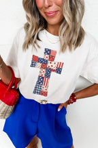 White Faux Patchwork Print Patriotic Cross Tee