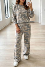 Multicolour Camouflage Print Long Sleeve Top Loose 2pcs Pants Set