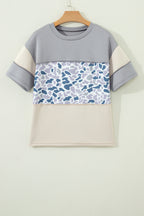 Gray Raw Seam Color Block Camouflage Patchwork Casual Tee