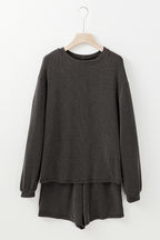 Carbon Grey Twisted Ribbed Sequin Holly Candy Cane Long Sleeve Top and Shorts 2pcs Outfit