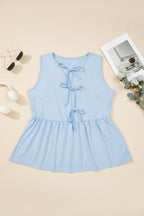Blue Sapphire Plus Size Solid Color Bow Tie Peplum Tank Top