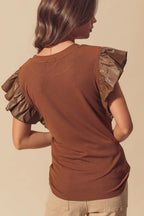 Black Leather Ruffle Sleeve Patchwork Round Neck Blouse