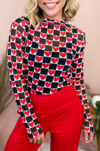 Rose Plaid Heart Mesh Sheer Long Sleeve High Neck Blouse