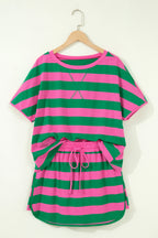 Pink Stripe Dolman Tee Drawstring Skort Athletic 2pcs Set