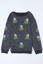 Gray Ribbed Round Neck Sequin Christmas Tree Patched Baggy Sweatshirt