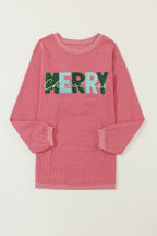 Strawberry Pink MERRY Christmas Chenille Embroidered Corded Sweatshirt