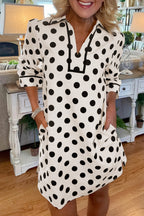 White Polka Dot Half Sleeve Collar V Neck Pocketed Casual Mini Dress