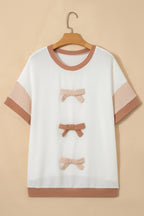 Apricot Bowknot Applique Plus Size Ribbed Top