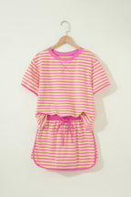 Pink Stripe Relaxed Short Sleeve Top Elastic Waist Drawstring Skort 2pcs Set