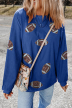 Dark Blue 3D Ribbed Texture Sequin Rugby Patched Baggy Sweatshirt