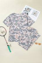 Multicolour Camouflage Short Sleeve Top and High Waist Wide Leg Pants Set