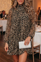 Brown Leopard Print Long Sleeve Short Shift Dress