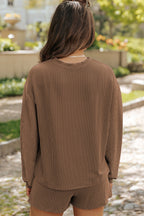 Chestnut Twisted Ribbed Sequin Mallard Graphic Long Sleeve Top and Short Set