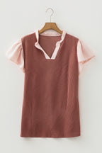 Fushia Plus Size Contrast Frilled Neckline Ruffled Short Sleeve Ribbed Textured Blouse