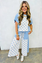 Yellow Color Block Patchwork Polka Dot Wide Leg Pant Set