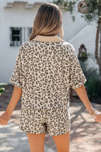 Khaki V Neck Collar Leopard Printed 2pcs Short Set