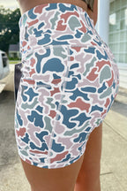 Blue Abstract Camo Printed Seam Detail Biker Shorts