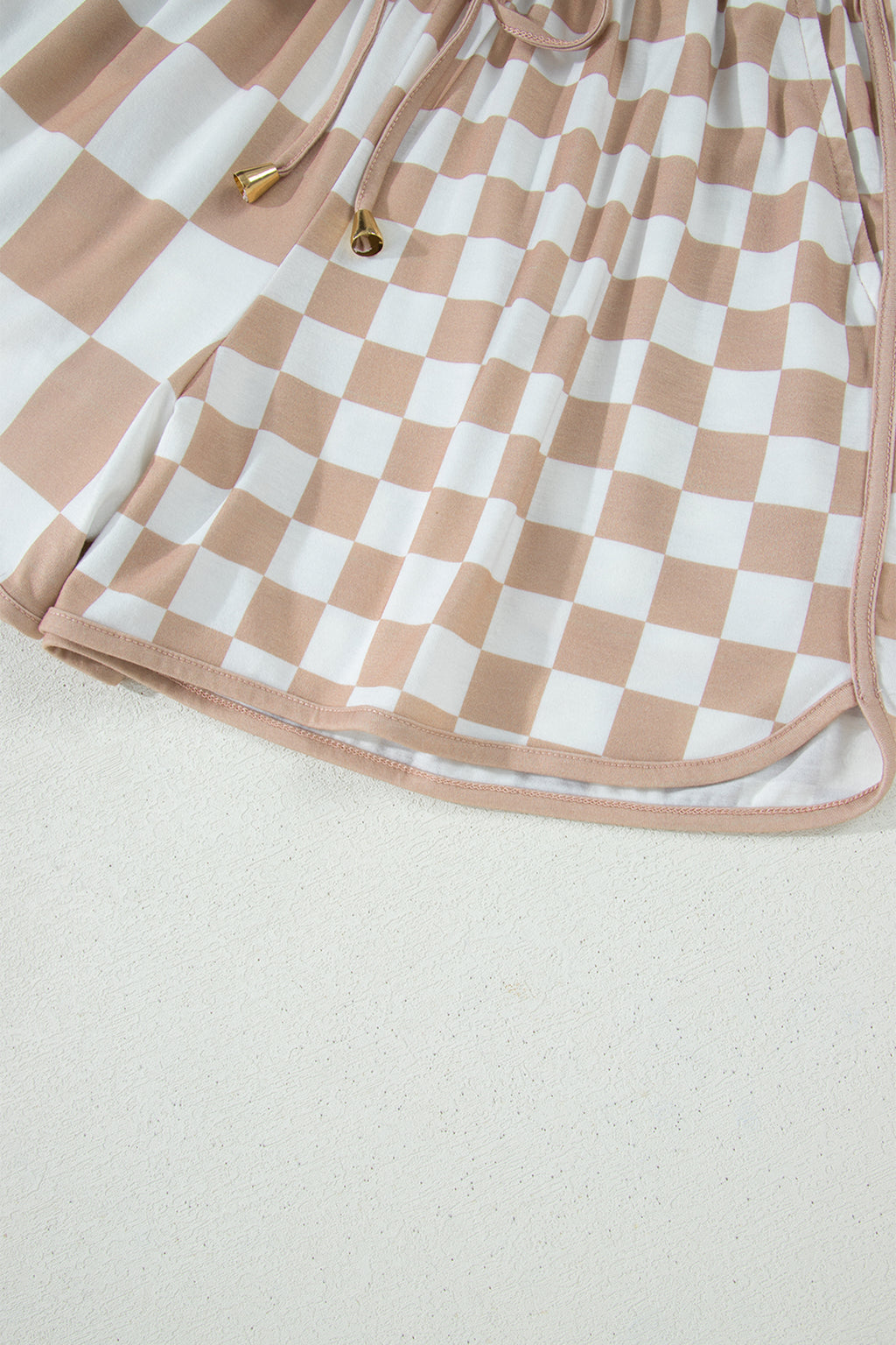 Khaki Double Checkered Print Beaded Drawstring Casual Shorts