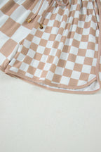 Khaki Double Checkered Print Beaded Drawstring Casual Shorts