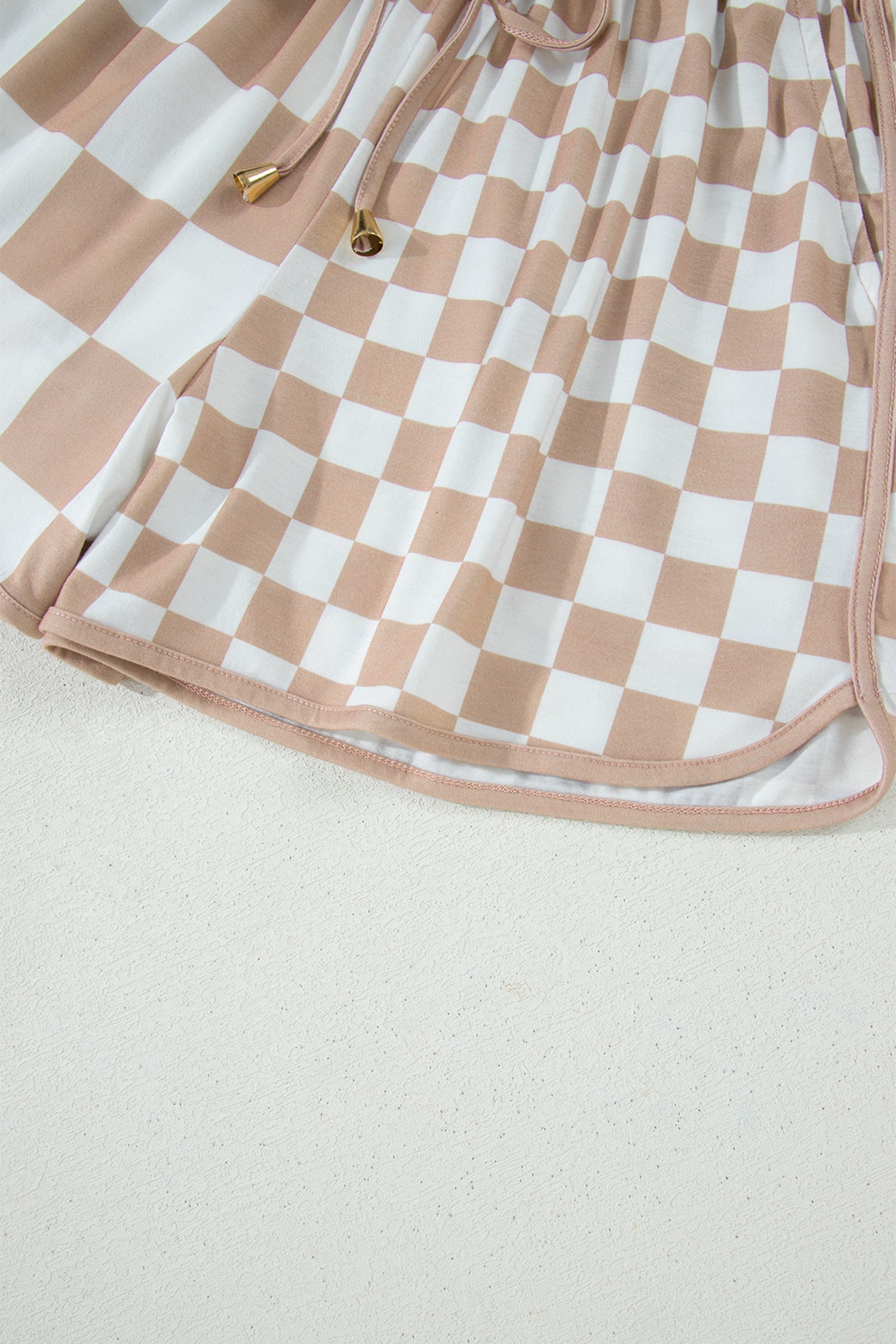 Khaki Double Checkered Print Beaded Drawstring Casual Shorts