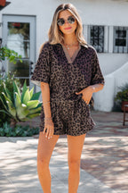 Khaki V Neck Collar Leopard Printed 2pcs Short Set