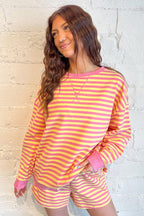 Yellow Stripe Color Block Trim Round Neck Long Sleeve Top Casual Shorts 2pcs Set