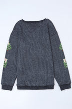 Gray Ribbed Round Neck Sequin Christmas Tree Patched Baggy Sweatshirt