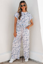 Beige Camouflage Print Twisted Rib Loose Tee Drawstring Pants Set