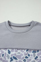 Gray Raw Seam Color Block Camouflage Patchwork Casual Tee