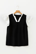 Fushia Plus Size Contrast Frilled Neckline Ruffled Short Sleeve Ribbed Textured Blouse