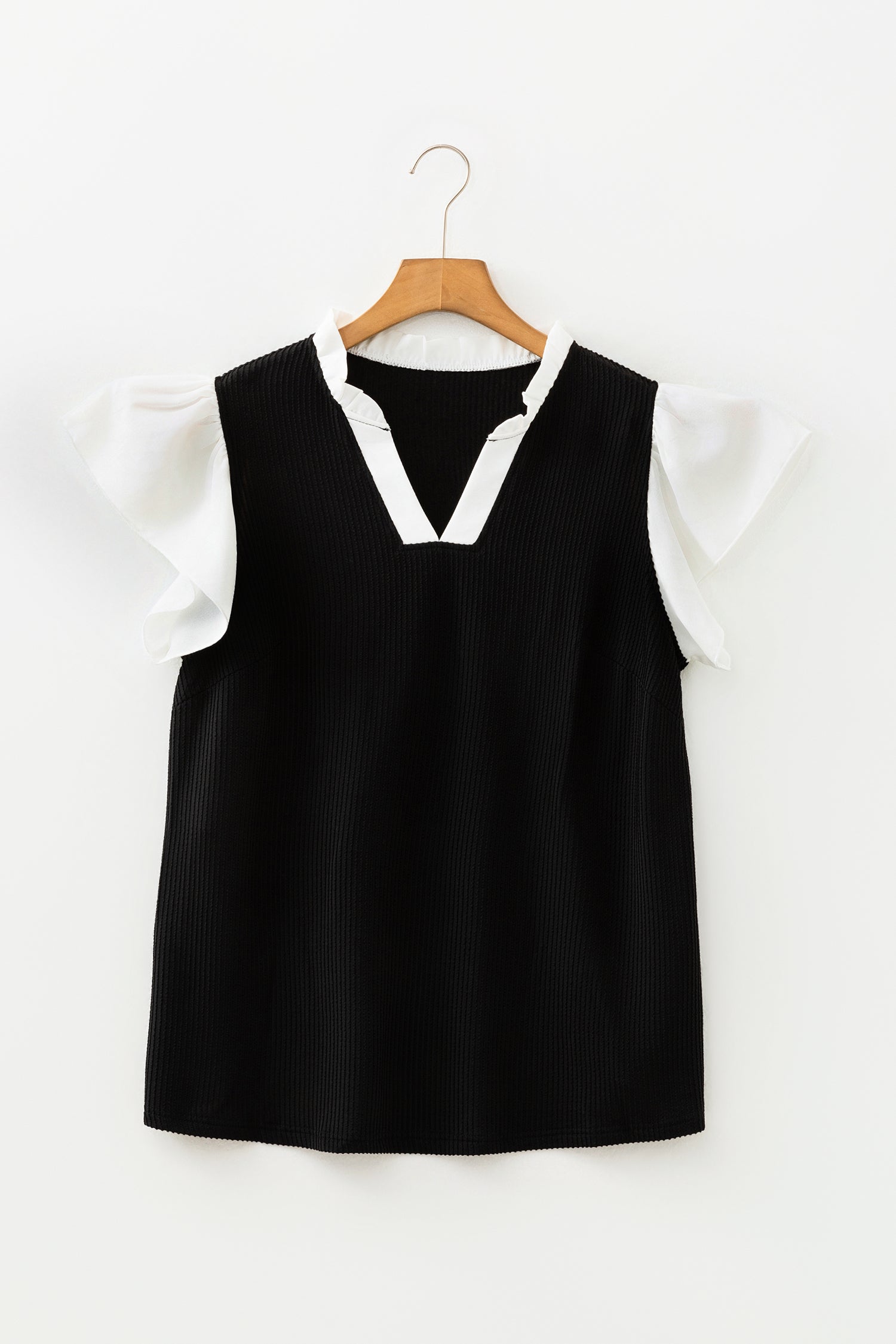 Fushia Plus Size Contrast Frilled Neckline Ruffled Short Sleeve Ribbed Textured Blouse