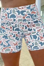 Blue Abstract Camo Printed Seam Detail Biker Shorts