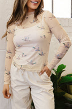 Beige High Neck Western Print Mesh Sheer Long Sleeve Top