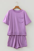 Strawberry Pink Raw Edge Patch Pocket Oversized Top and Shorts Set