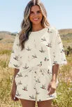 Beige Mallard Duck Print Oversized Tee Drawstring Short Set