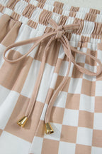 Khaki Double Checkered Print Beaded Drawstring Casual Shorts