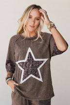Coffee Mineral Wash Exposed Seam Leopard Star Patched T Shirt