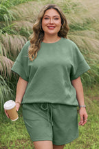 Mineral Blue Plus Size Textured Short Sleeve Top Drawstring Shorts Set