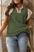 Fushia Plus Size Contrast Frilled Neckline Ruffled Short Sleeve Ribbed Textured Blouse