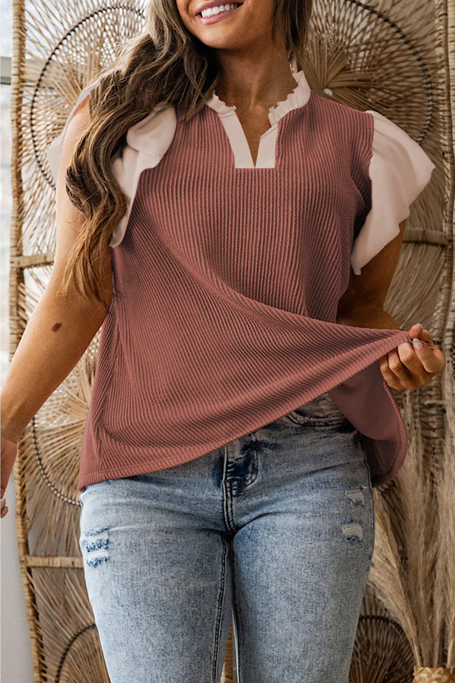 Fushia Plus Size Contrast Frilled Neckline Ruffled Short Sleeve Ribbed Textured Blouse