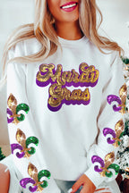 Beige Sequin Mardi Gras Patched Pattern Fleur de Lis Sleeve Sweatshirt