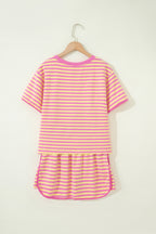 Pink Stripe Relaxed Short Sleeve Top Elastic Waist Drawstring Skort 2pcs Set