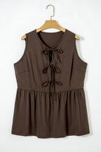 Blue Sapphire Plus Size Solid Color Bow Tie Peplum Tank Top