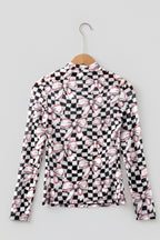 Black Checkered Baseball Bow Print High Neck Long Sleeve Mesh Top